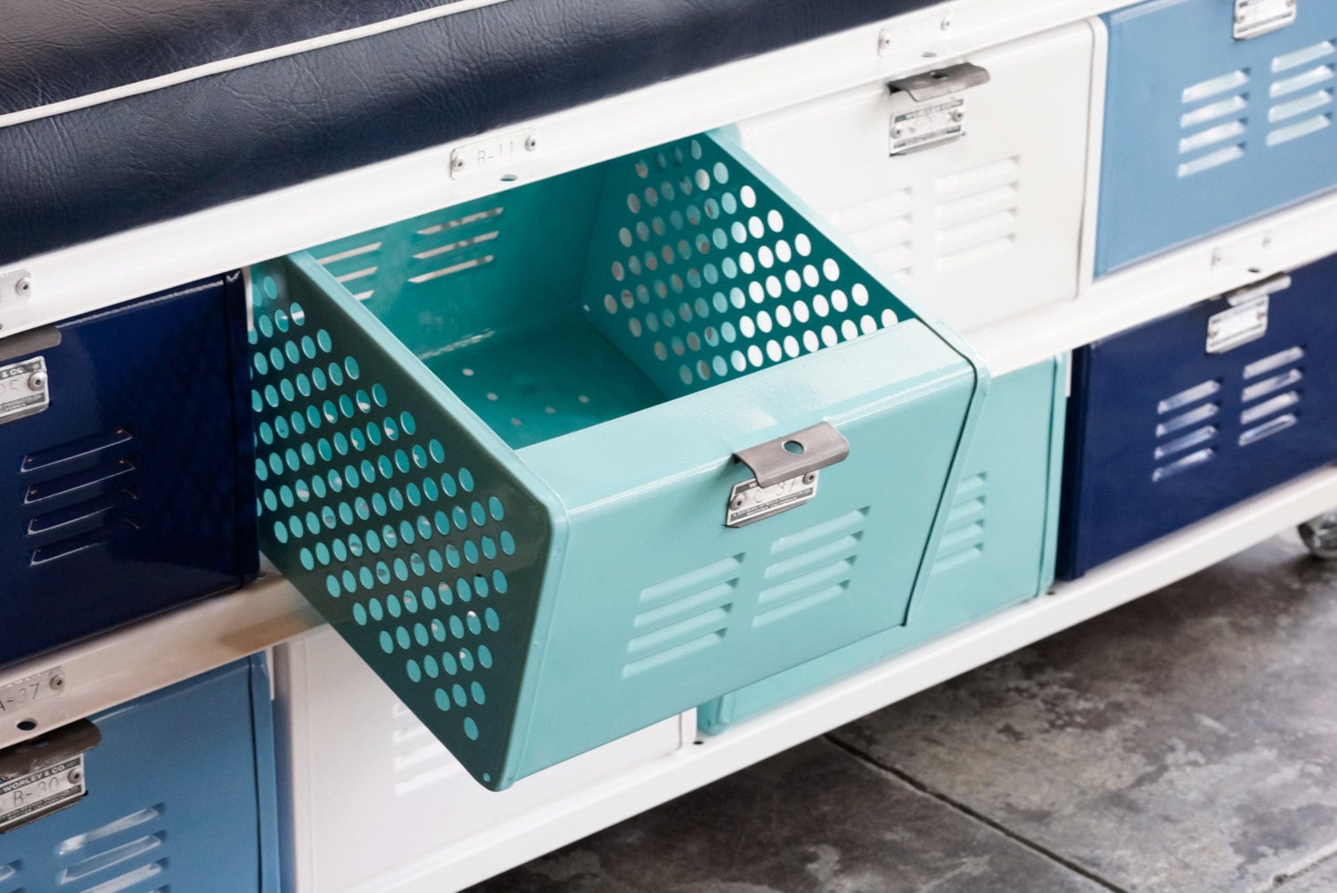 4 X 2 Reclaimed Locker Basket Unit With Padded Bench Seat Etsy