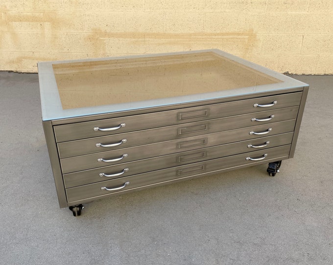 Vintage Flat File Coffee Table Refinished in Natural Steel, Free U.S