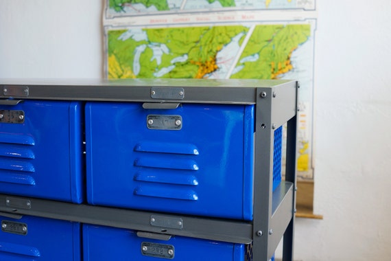3 X 3 Reclaimed Locker Basket Unit With Royal Blue Drawers and