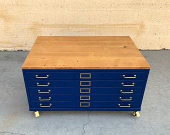 Vintage Flat File Coffee Table Custom Refinished In Midnight Blue With Reclaimed Wood Top