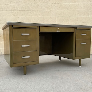 1960s Double Pedestal Tanker Desk, Refinished in Brass w/Natural Steel Top