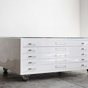 Vintage Flat File Coffee Table Custom Refinished in Gloss White and Glass Top, Free U.S. Shipping