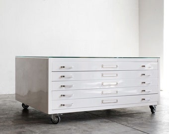 Vintage Flat File Coffee Table Custom Refinished in Gloss White and Glass Top, Free U.S. Shipping