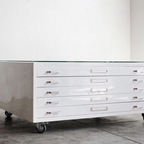 Vintage Flat File Coffee Table Custom Refinished In Gloss Vintage Flat File Coffee Table Custom, White Desk With File Cabinet Drawers In Nepali