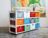 4 x 3 Reclaimed Locker Basket Unit with Multicolored Drawers and Casters, Free U.S. Shipping