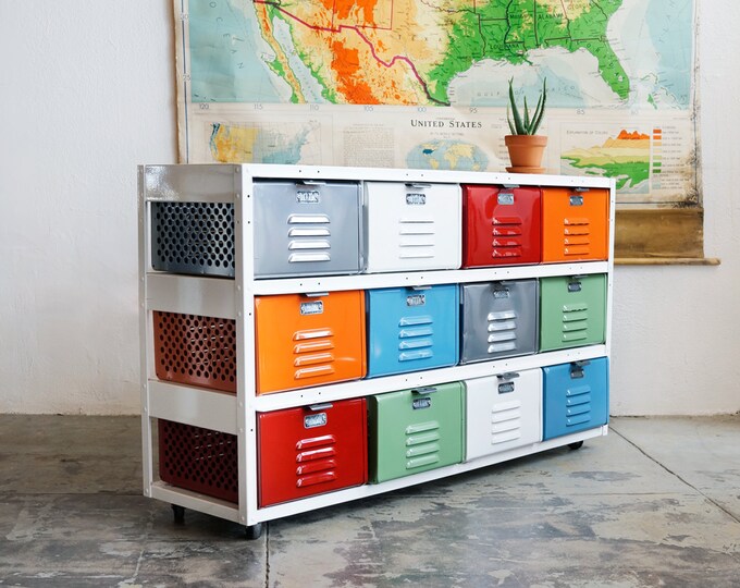 4 X 3 Reclaimed Locker Basket Unit With Multicolored Drawers Etsy