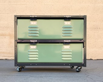2 x 2 Double Wide Locker Basket Unit on Casters, Vintage Inspired and Newly Fabricated to Order, Free U.S. Shipping