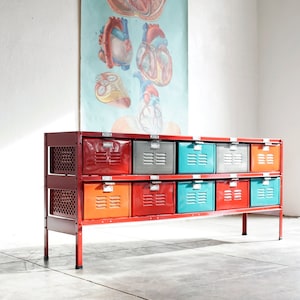 5 x 2 Reclaimed Locker Basket Unit with Red Frame and Multicolored Drawers, Free U.S. Shipping image 1