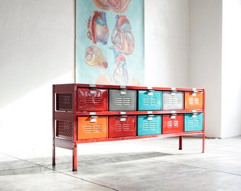 5 x 2 Reclaimed Locker Basket Unit with Red Frame and Multicolored Drawers, Free U.S. Shipping