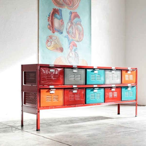 5 x 2 Reclaimed Locker Basket Unit with Red Frame and Multicolored Drawers, Free U.S. Shipping