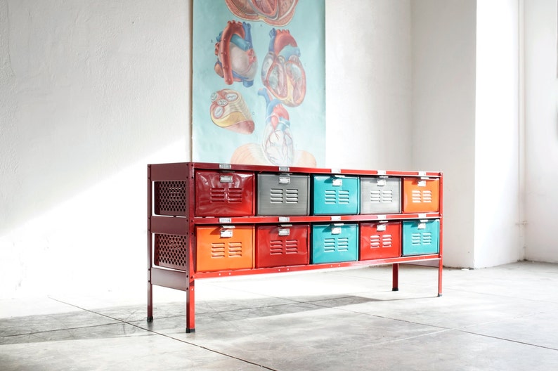 5 x 2 Reclaimed Locker Basket Unit with Red Frame and Multicolored Drawers, Free U.S. Shipping image 1