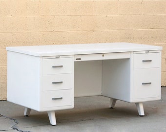 Mid Century Tanker Desk Custom Refinished in White, Free U.S. Shipping