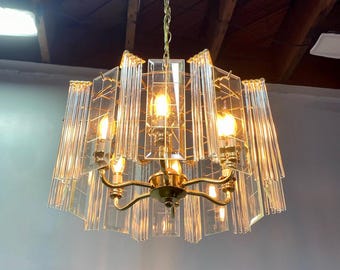 Mid-Century Brass and Glass Sciolari Style Chandelier