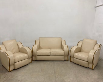 Art Deco crèmekleurige Cloud fauteuils en loveseat van Harry & Lou Epstein, set van 3