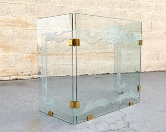 Glass Fireplace Screen with Brass Hinges by Danny Alessandro, Custom Etching, Free U.S. Shipping