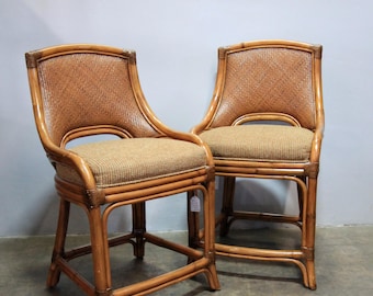 Pair Vintage Coastal Woven Rattan Stools with New Upholstered Cushions