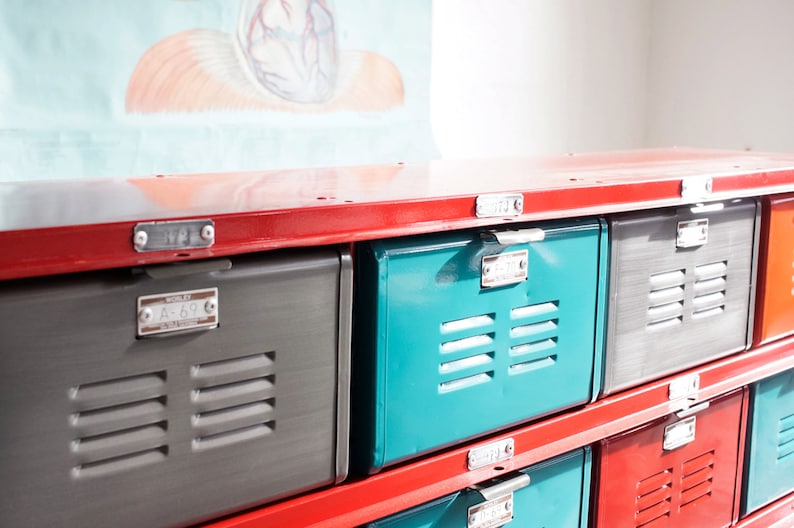 5 x 2 Reclaimed Locker Basket Unit with Red Frame and Multicolored Drawers, Free U.S. Shipping image 3