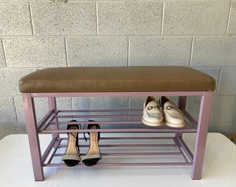Vintage Modern Bench with Leather Cushion and Storage Shelf