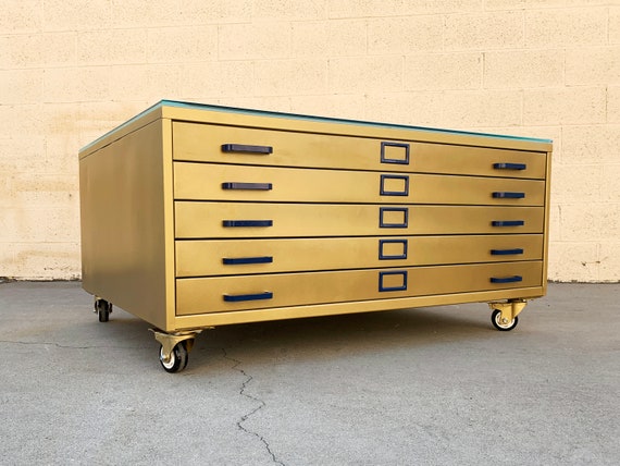 Vintage Flat File Coffee Table Custom Refinished in Sun Gold, Free U.S.  Shipping 