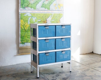 2 x 3 Reclaimed Locker Basket Unit with Sky Blue Drawers and White Frame, Free U.S. Shipping