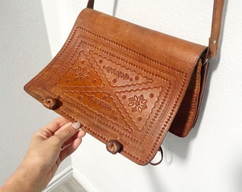 Vintage Bohemian Pressed Leather Crossbody Carry-All Bag, Free U.S. Shipping