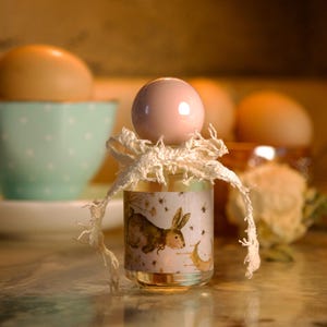 May include: A small clear glass bottle with a round light pink stopper. The bottle features a label with a brown rabbit illustration, small flowers, and a crescent moon. A frayed white fabric ribbon is tied around the neck of the bottle.