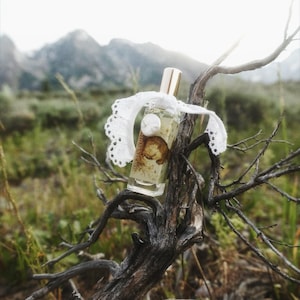 May include: A rectangular glass perfume bottle with a gold cap, featuring a label with a circular illustration of a moon and botanical details. A white lace ribbon with a scalloped edge is tied around the neck of the bottle.