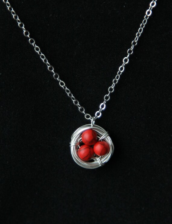 Items similar to Wire Wrapped Bird Nest Necklace with red stone beads