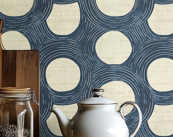 Navy Cream Mid Century Circle Wallpaper Modern Coastal Peel and Stick Statement Wall for Bedroom Bold Mural Contemporary Accent Wall