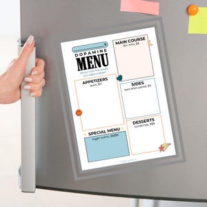 May include: A white paper planner sheet titled Dopamine Menu with sections for Main Course, Appetizers, Sides, Special Menu, and Desserts. The layout features black text, colorful borders, and small icons including a smiley face, moon, and star.
