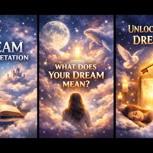 May include: A triptych of digital illustrations featuring celestial themes. The first panel shows an open book, a staircase, and a castle with the text DREAM INTERPRETATION. The second shows a person facing a moon and whale with the text WHAT DOES YOUR DREAM MEAN? The third shows a sleeping person, a dove, a key, and a glowing door with the text UNLOCK YOUR DREAMS.