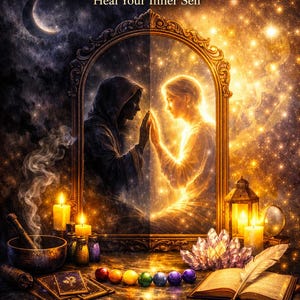 Könnte beinhalten: Künstlerische Illustration mit dem Text "Shadow Work Reading" und "Heal Your Inner Self". Das Bild zeigt einen Spiegel, der zwei Figuren reflektiert, umgeben von Kerzen, Kristallen und einem offenen Buch mit einer Feder. Die Farbpalette umfasst Gold, Lila und Schwarz.