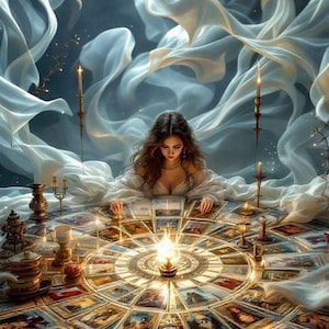 May include: An artistic depiction of a woman surrounded by tarot cards, candles, and flowing white fabric. The cards are arranged in a circle, with a central light source illuminating the scene. The overall aesthetic is mystical and ethereal.