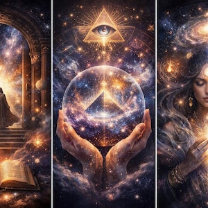 May include: A triptych digital artwork featuring a robed figure standing before a glowing arched doorway, a pair of hands holding a cosmic crystal sphere beneath an eye symbol, and a person with long hair holding a radiant light in a galaxy.