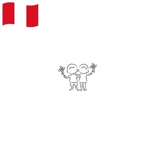 May include: A black and white line drawing of two children hugging, each holding a pinwheel. The Peruvian flag is in the upper left corner. The children are wearing shorts and shirts.