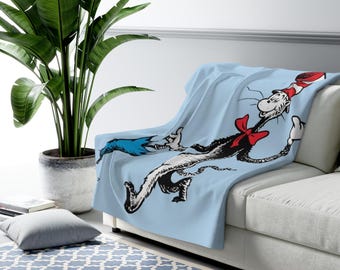 Cat In The Hat Sherpa Fleece Blanket, Funny Cartoon Plush Throw, Cozy Kids Blanket, Soft Gift for Her