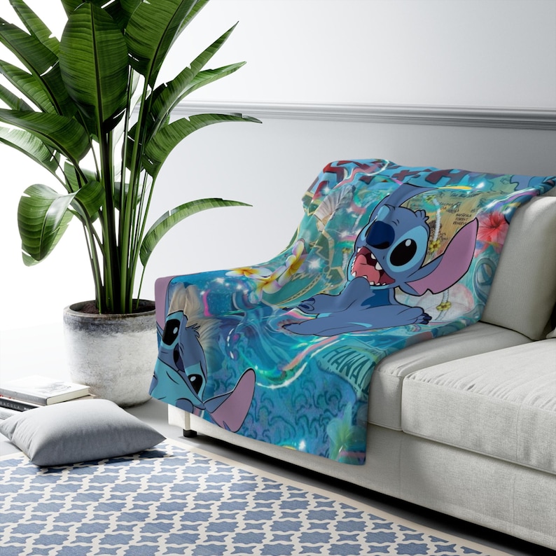 Stitch Sherpa Fleece Blanket, Cute Alien Cartoon Plush Throw, Cozy Kids Blanket, Soft Gift for Her image 1