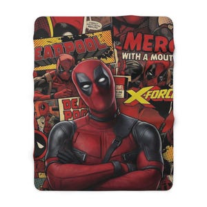 Deadpool Sherpa Fleece Blanket, Funny Superhero Plush Throw, Cozy Comic Blanket, Soft Gift for Him 50" × 60"