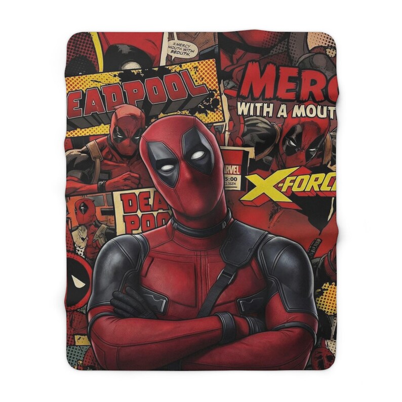 Deadpool Sherpa Fleece Blanket, Funny Superhero Plush Throw, Cozy Comic Blanket, Soft Gift for Him 50" × 60"