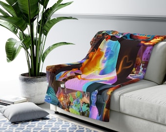 Elemental Sherpa Fleece Blanket, Fire Water Air Earth Cartoon Plush Throw, Cozy Fantasy Blanket, Soft Gift for Her
