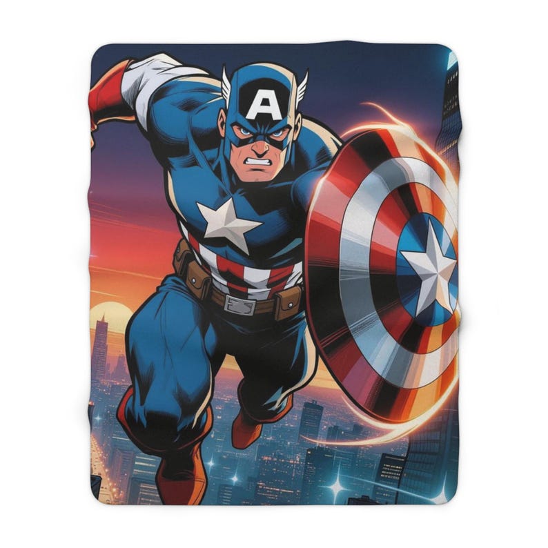 Captain America Sherpa Fleece Blanket, Shield Hero Plush Throw, Cozy Marvel Blanket, Soft Gift for Him 50" × 60"