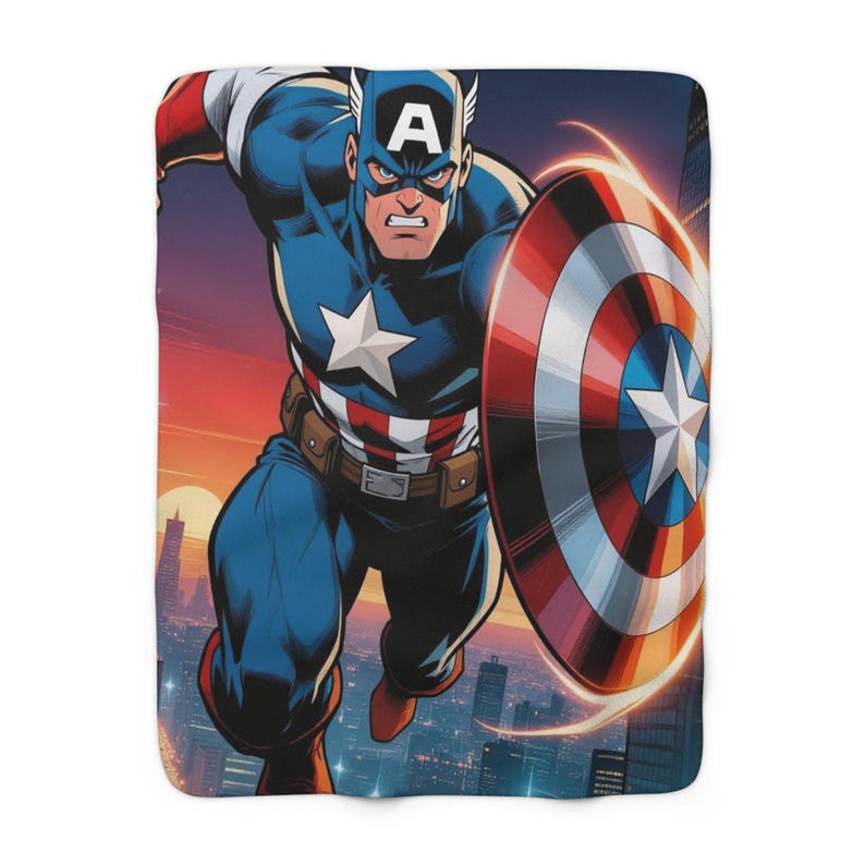 Captain America Sherpa Fleece Blanket, Shield Hero Plush Throw, Cozy Marvel Blanket, Soft Gift for Him 30" × 40"