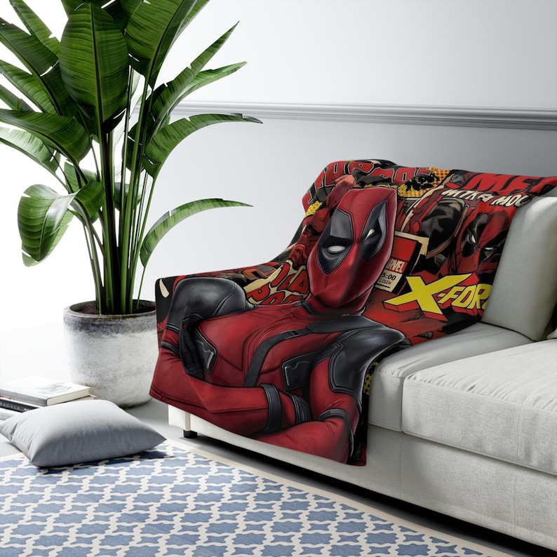 Deadpool Sherpa Fleece Blanket, Funny Superhero Plush Throw, Cozy Comic Blanket, Soft Gift for Him Bild 1