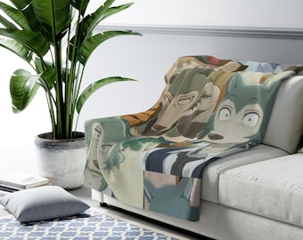 Legoshi Sherpa Fleece Blanket, Anime Wolf Plush Throw, Cozy Manga Blanket, Soft Gift for Him