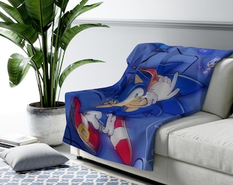 Sonic Sherpa Fleece Blanket, Fast Hedgehog Cartoon Plush Throw, Cozy Gaming Blanket, Soft Gift for Him