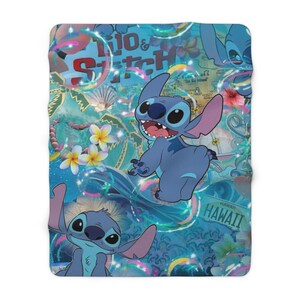Stitch Sherpa Fleece Blanket, Cute Alien Cartoon Plush Throw, Cozy Kids Blanket, Soft Gift for Her 50" × 60"