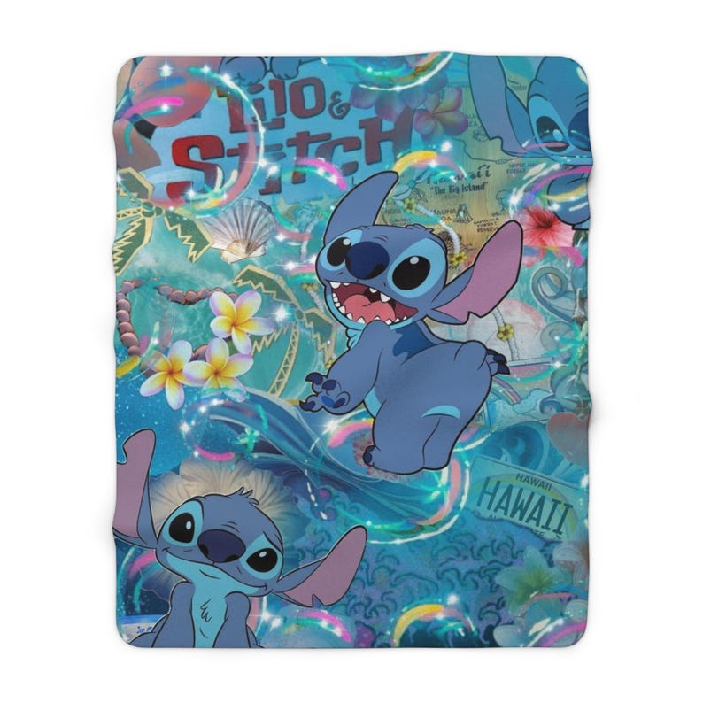 Stitch Sherpa Fleece Blanket, Cute Alien Cartoon Plush Throw, Cozy Kids Blanket, Soft Gift for Her 50" × 60"