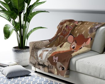 Bambi Sherpa Fleece Blanket, Cute Deer Cartoon Plush Throw, Cozy Woodland Blanket, Soft Gift for Her