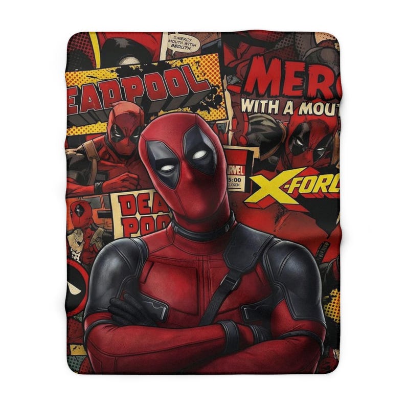 Deadpool Sherpa Fleece Blanket, Funny Superhero Plush Throw, Cozy Comic Blanket, Soft Gift for Him 60" × 80"
