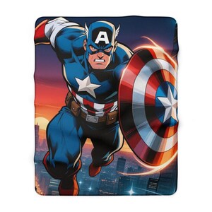 Captain America Sherpa Fleece Blanket, Shield Hero Plush Throw, Cozy Marvel Blanket, Soft Gift for Him 60" × 80"
